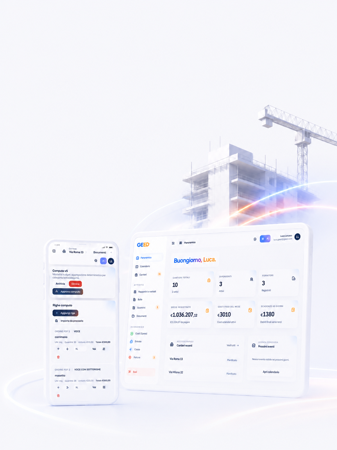 Dashboard GEED con mockup desktop e mobile per la gestione dell'impresa edile